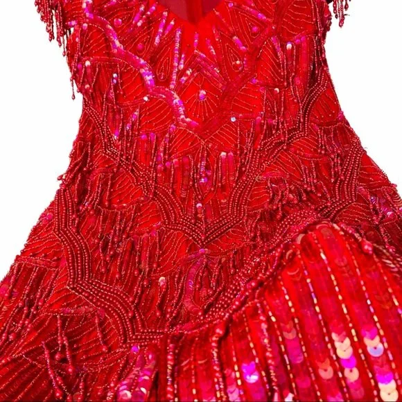 VTG 100% Silk 80s Fringed Beadwork Flapper Dress S - Picture 6 of 15